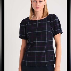 NWT Banana Republic Navy Blue Plaid Puff Sleeve Blouse Structure Emmie Large